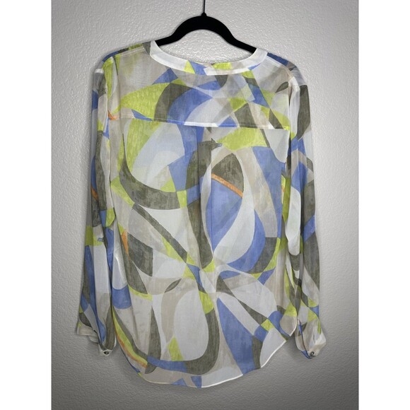 NEW Chico's Blouse Womens Large Multicolor Abstract Sheer Sequin Trim Tie Front - Picture 7 of 7